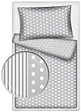 Kinder Wendebettwäsche Garnitur Streifen / Punkte grau 2-tlg. 100% Baumwolle 40x60 + 100x135 cm mit Reißverschluss