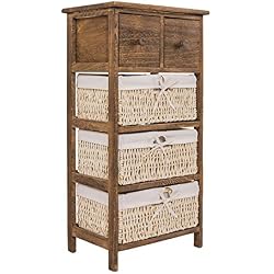 Rebecca Mobili Cajonera Comoda 3 Cestas 2 Cajones Madera Mimbre Marron Rustico Entrada Baño - 84,5 x 42 x 29 cm (A x AN x FON) - Art. RE4059