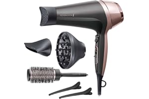 ‎REMINGTON Remington suszarka do włosów z jonizacją, 3 ust. temperatury i 2 ust. nawiewu, tryb Turbo, koncentrator, 2 klipsy, dyfuzor i szczotka 45mm, lekka, moc 2200W, czarna, Curl&Straight Confidence PRO D5707