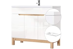 ‎LOMADOX Lomadox Badmöbel Waschtisch Set mit 100cm Unterschrank in Hochglanz weiß, Wotaneiche, Keramik-Waschbecken, Softclose-Türen, B/H/T 100/85/46cm