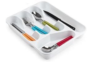 ACAN Tradineur - Bandeja cubertero de plástico, de color blanco, de 4,5 x 26,5 x 33,5 cm, Recipiente para ordenación y almacenamiento de cubertería. Caja para guardar cubiertos con compartimentos