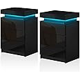 TUKAILAi Bedside Table Set of 2, LED Bedside Table with 3 Drawers and Top Storage, Black High Gloss Front Nightstand Cabinet for Bedroom Living Room