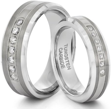 His &amp; Her's 8MM/6MM Tungsten Carbide Silver CZ Wedding Band Ring Set (Available Sizes H - Z+2) EMAIL US WITH YOUR SIZES