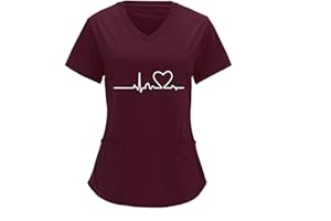 Sizoer Kasack Damen Pflege Valentinstag Herz Gedruckt Arbeitskleidung Pflege Kurzarm V-Ausschnitt Schwesternkittel Kasack Bunt Mit Taschen Berufsbekleidung Damen - Kasack - Tunika