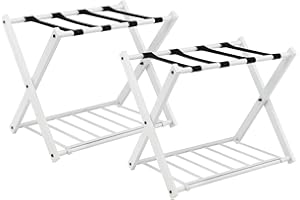 Giantex Porte Valise Pliant, Porte-Bagages en Métal, Support Valise/Bagages avec 2 Etages & 4 Sangles, pour Chambre, Hôtel, 68x43x58CM, Blanc (2 PC)