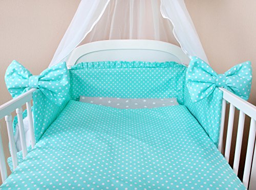 Baby Bettwäsche 5tlg Bettset mit Nestchen Kinderbettwäsche Himmel 100x135cm Sternchen grau/Pünktchen Türkis Chiffonhimmel - 3