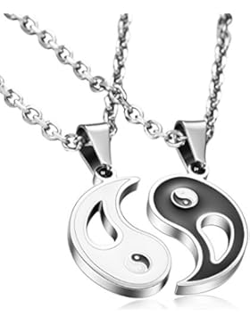 MOWOM Schwarz Weiß 2 PCS Edelstahl Emaille Anhänger Halskette Tai Chi Yin und Yang Lieben Valentine Paar Paare...
