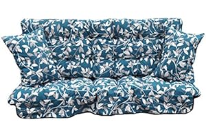 KEXMY GB Leisure Garden Patio 3 Seater Replacement Swing Hammock Bench Cushion Set Glen Blue Leaf Design