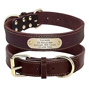 Beirui Genuine Leather Personalized Dog Collars with Nameplate ID Tags, Custom Dog Collars Engraved for Medium Large Dogs,Rich Brown,L(1.3