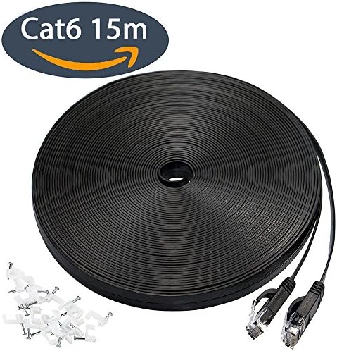 15m CAT6 Flat Ethernet Cable, RJ45 Ethernet Gigabit Lan Network Patch Cord with Cable Clips, Support CAT5 / CAT5e | 10/100/1000Mbit/s | Switch/Router/Modem/Patch Panel/Access Point/Patch fields,Black