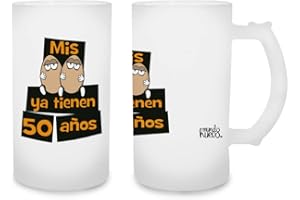 MUNDOHUEVO Regalo original. Jarra de cerveza Mis huevos ya tienen 50 años. Cristal esmerilado de primera calidad AAA. 80 x 150 mm. 500 ml