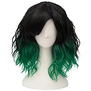 Alacos Fashion 35cm Short Curly Bob Anime Cosplay Wig Daily Party Christmas Halloween Synthetic Heat Resistant Wig for Women +Free Wig Cap (Black Green Ombre)