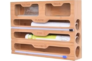 Fivtsme 5 in 1 Folienspender Mit Cutter, Frischhaltefolie Abroller Folienspender, Frischhaltefolie Abroller, Folienschneider Frischhaltefolie, Folienspender Aus Bambus Frischhaltefolie