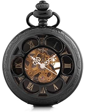 Alienwork Retro Handaufzug mechanische Taschenuhr Skelett Uhr graviert schwarz Metall W891-07