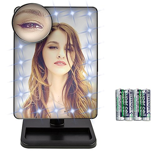Kosmetikspiegel Beleuchtung mit 20 stück LEDs und 10 X Vergrößerungsspiegel, einstellbare Lichtshelligkeit, Touch-Schalter, 360°Drehbar, mit Baterrie, für Make up, Rasieren, unterwegs