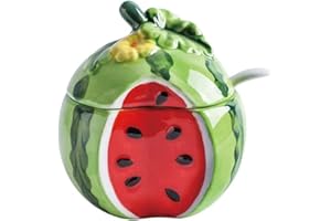 KNBG Zuccheriera in ceramica a forma di frutta, saliera e pepe, con coperchio e cucchiaio, contenitore per condimenti (anguria)