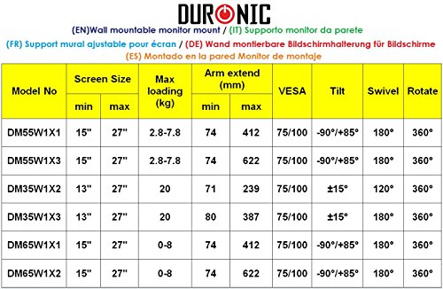 Duronic DM351X2 Wandmontierbare Monitorhalterung für einen LCD / LED Computer Bildschirme / Fernsehgeräte mit Kipp und Drehfunktion - 3