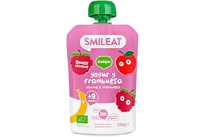 Smileat - Pouch de Frutas Ecológicas - Sin Sal ni Azúcar Añadido, Sin Gluten - Snack Práctico para Peques - Sabor a Yogur Frambuesa