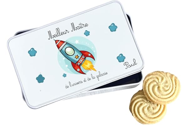 Boîte à Biscuits Meilleur Maître de l’Univers et de la Galaxie – Personnalisée avec Prénom Enfant – Aluminium 18x10 cm – Cadeau Fin d’Année Scolaire