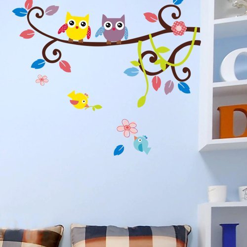 Farbig Wandtattoo Kinderzimmer Tür Festern Dekor bunt Eulen Baum entfernbar Wandstickers. QT35 - 3
