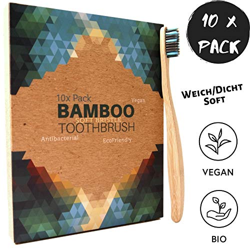 Brosse à dent en bambou végétalien bio - Lot de 10 - poils souples infusés au charbon végétal - sans BPA - biologique naturelle - brosse de dents bois - biodégradable