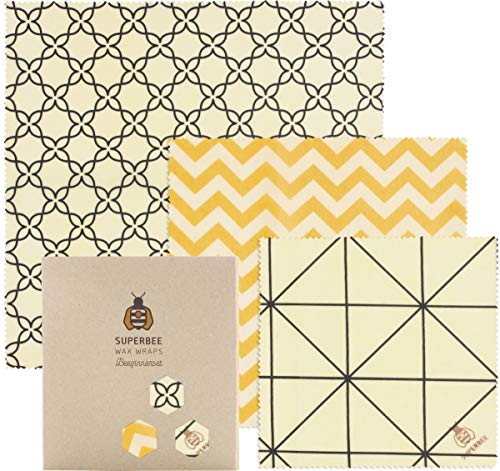 SuperBee Emballages de Cire d'abeille | Ensemble de 3: Petit, Moyen et Grand | Commerce Éthique, Emballage Alimentaire Réutilisable et Écologique | Classical
