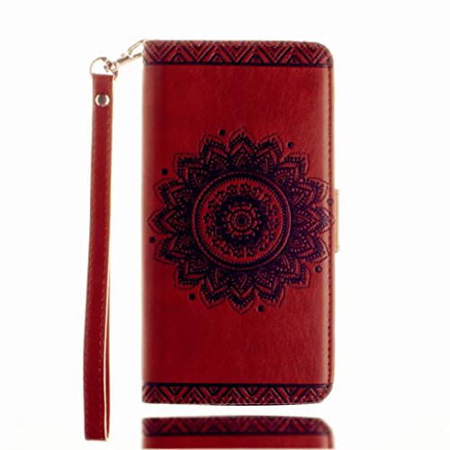 iPhone SE Hülle, iPhone 5 5S Schutzhülle, MUTOUREN für iPhone SE 5 5S Handyhülle Brieftasche Gürtelhändytasche Bookstyle Wallet Flip Case Lederhülle mit Standfunktion Kartenfach Magnetic lock Ultra dünn Wallet Case Geprägtes Muster Henna Indische Sonne Mandala Rraun + Stylus Pen - 3