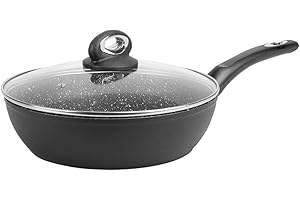 Sitram 711708, Sauteuse Granité diam. 24 cm en aluminium forgé revêtement noir anti-adhérent sans PFOA - aspect pierre - couvercle en verre - tous feux dont induction