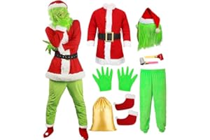 SINSEN Grinch Weihnachten Kostüm für Erwachsene Weihnachtsmann Outfit mit Maske Grünes Monster Pelziger Weihnachtsmannanzug Weihnachts Cosplay Kostüm