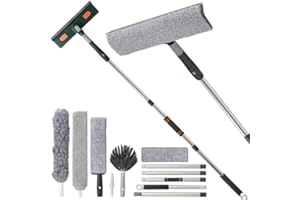 Augot Window Squeegee Cleaner, 5 in 1 Rotatable Window Cleaning Squeegee Kit with Long Handle, Window Washer Glass Cleaner Tool for Outdoor and Home, Window Squeegee with Duster and Dust Brush(Green)