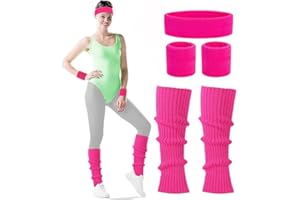 AKSXU 80er Jahre Accessoires, Pink Schweißband Set mit Haarband Sport, Wristbands,Stulpen, 80er 90er Jahre Outfit Damen Accessoires für Karneval Fasching 80er Party Team Building Events,Neon Pink