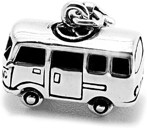 Solid 925 Sterling Silver 3D VW Volkswagen Camper Van Charm/Pendant,Rhodium Plate,Epoxy &amp; 8mm Clasp