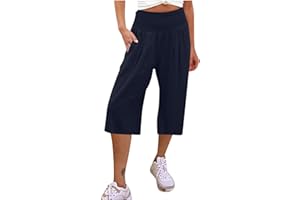 KUIH 3/4 Shorts for Women UK Summer Comfy Cotton Linen Shorts Wide Leg High Waist Straight Shorts with Pockets Hiking Outgoing Shorts Trousers Breathe Beach Shorts UK Size 8-18