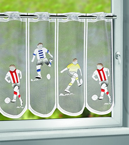 Bezaubernde Bistrogardine " FUSSBALL- SPIELER " Kindergardine mit praktischem Stangendurchzug - zartes Voile mit zauberhaften Szenen aus der Welt des Fussballs - halbtransparent - (H/B 45x135) - Scheibengardine für Küche oder Kinderzimmer - Bistrogardine - ein Schmuckstück in jedem Raum - aus dem KAMACA-SHOP