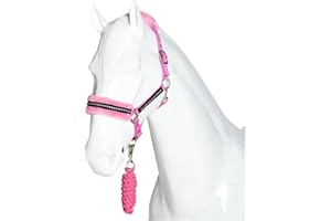 HORSE MASTERS Fluffy Headcollar and Leadrope Set - Diamante Soft Fur Padded Halters for Horses - Super Flexible and Adjustable Pony Controller Equipment for Training and Outdoor Riding (Pony, Pink)