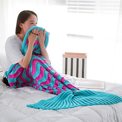 Mermaid Tail Blanket with Fish-scale Pattern - All Seasons Knitted Blanket,Super Soft &amp; Fashion Sleeping Bag。 Holiday - birthday present(Rose red and blue)