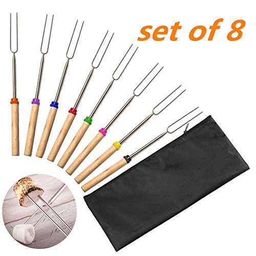 8 x Grillspieße BBQ Spieße Ausziehbar Edelstahl mit Holzgriff Teleskop Grillspieß 31cm-82cm für Bratwurst Würstchen Hot Dog und Marshmallows Lagerfeuer Barbecue Holz Griff Metall Edelstahl Spieße (Farbe)