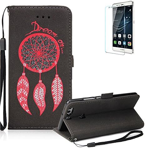 For Huawei P9 Plus Case Cover [with Free Screen Protector], Funyye Retro Emboss Fashion Dream Catcher PU Leder Wallet with Card Holder Slots Stand Protective Case Cover Skin Shell for Huawei P9 Plus- Black