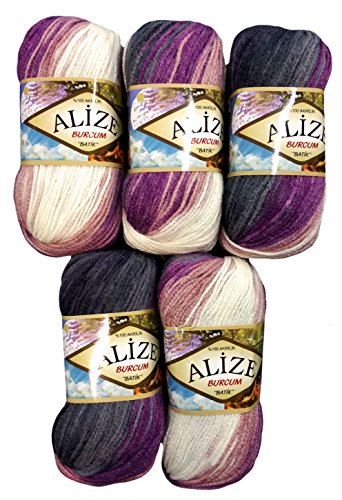 5 x 100 Gramm Alize Burcum Batik Wolle lila beere flieder schwarz grau weiß mit Farbverlauf, Nr. 1986, 500 Gramm Strickwolle