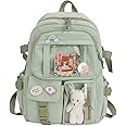 MTRoyaldia Kawaii Standard Backpack with Kawaii Pin and Accessories, Large Capacity Cute Bear Accessories Standard Backpack Multi Pocket Kawaii School Bag (Green)