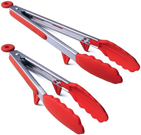 MANLEHOM Kitchen Tongs, Stainless Steel Heat Resistant Silicone Tongs with Built-in Stand for Cooking Food Serving Salad Barbecue Grill 23cm + 30cm Red