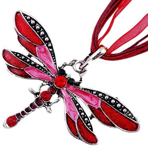 MFINHOME Fashion Rhinestone Inlay Gem Tone Red Dragonfly Pendant Necklace With Chain Color