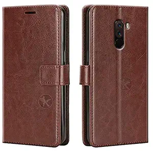 Dgeot Leather flip Case Compatible with Poco F1 | Inside TPU with Card Pockets | Wallet Stand | Magnetic Closure | 360 Degree Complete Protection Vintage Flip Cover for Poco F1 - Brown