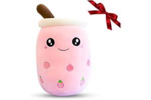 YURAGIM Bubble Tea Kuscheltier Erdbeere 35cm Boba Stofftier Plüschkissen Spielzeug Plüschpuppe Pearl Milk Tea Kuschelkissen Cartoon Plüsch Rückenkissen Geschenk für Kinder Mädchen Boba Liebhaber Einschulung