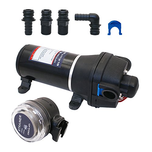 Preisvergleich Produktbild Automatische Druckwasserpumpe / Wasserpumpe / Gartenpumpe / Bootspumpe / Wohnmobilpumpe / Europump 18 / 17 l / min / 12 V / inkl. 4 Verbindungselemente, Saugfilter und zusätzlicher Ersatzfilter