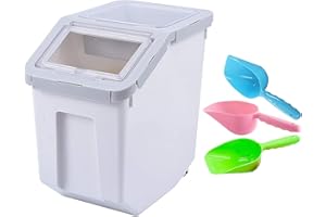 Uotyle 10KG Plastic Food Storage Container Box with Lid & Wheels – Large Airtight Pet & Kitchen Organizer Bin for Dog & Cat Food, Flour, Cereal, Includes Measuring Cup & Scoop 8L-10L (Grey Large)