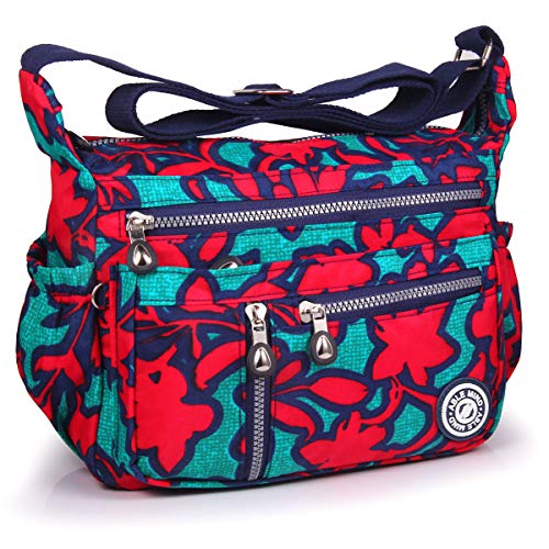 ABLE Mujer Bolsos de Moda Impermeable Mochilas Bolsas de Viaje Bolso Bandolera Sport Messenger Bag Bolsos Mano para Tablet Escolares Nylon (2-Flores Rojas)
