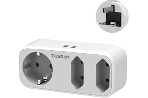 TESSAN 5 in 1 Adattatore spina inglese UK Inghilterra, adattatore da viaggio con 3 prese e 2 USB, adattatore spina francese Europa a Regno Unito per Irlanda Dubai Maldive, caricatore UK, tipo G