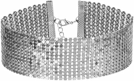 Elegant RoseWomen's Thick Rhinestone Necklace Silvery Metal Sequins Choker Necklace Set for Girls