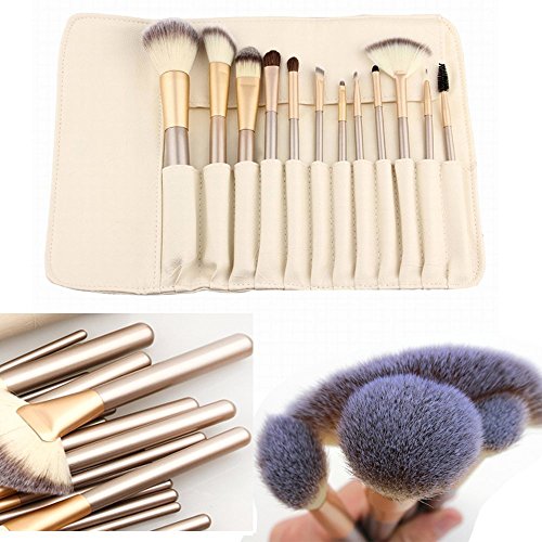 Anne Make-up Pinselset, professionelles Make-up-Set, Holzgriff, Grundierungs-/Effilier-/Rouge-/Concealer-/Augen-/Gesichts-/Flüssigpuder-/Kosemtik-/Lippenpinsel, 12-teilig, cremefarbene Tasche - 2